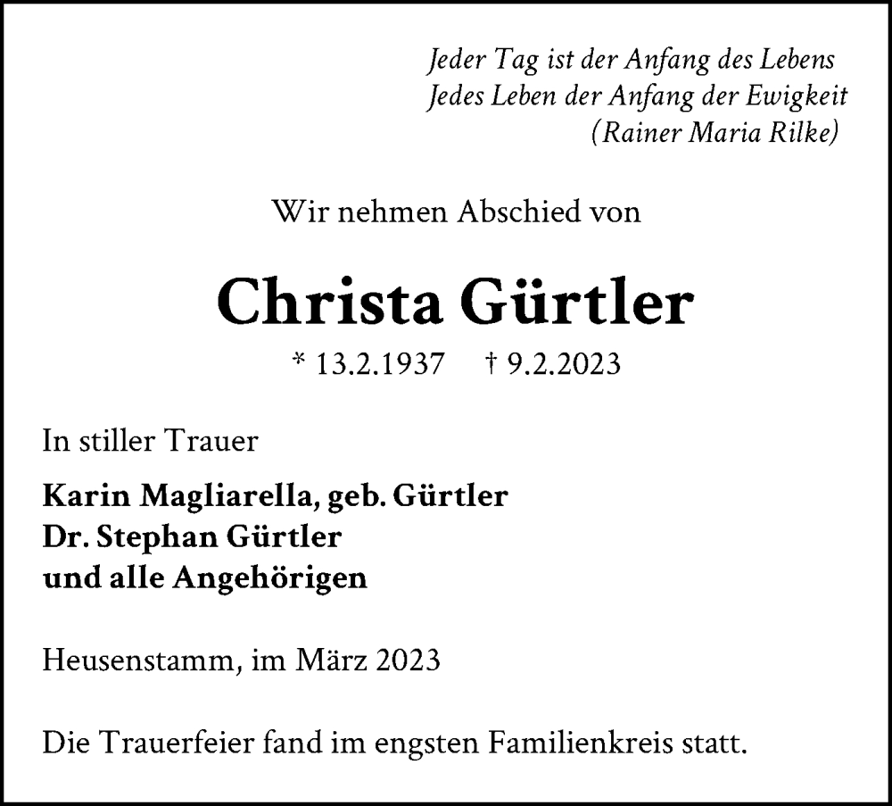  Traueranzeige für Christa Gürtler vom 08.03.2023 aus OF