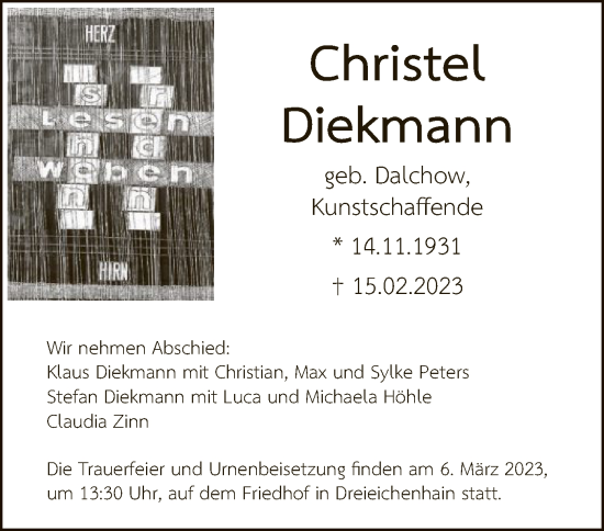 Traueranzeige von Christel Diekmann von OF