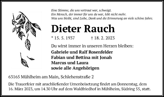 Traueranzeige von Dieter Rauch von OF