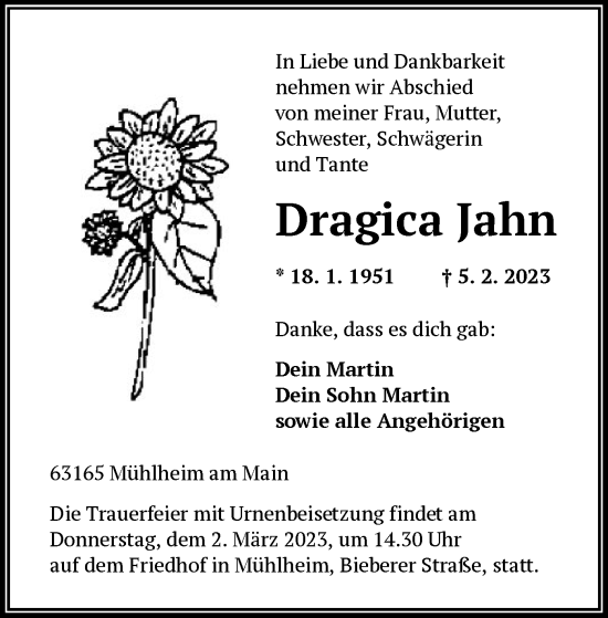 Traueranzeige von Dragica Jahn von OF