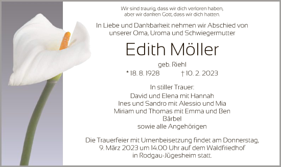 Traueranzeige von Edith Möller von OF