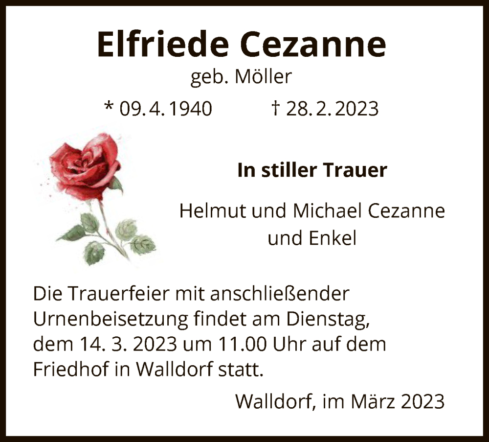  Traueranzeige für Elfriede Cezanne vom 09.03.2023 aus OF