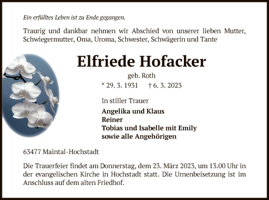 Traueranzeige von Elfriede Hofacker von OF