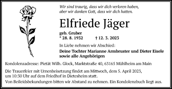 Traueranzeige von Elfriede Jäger von OF