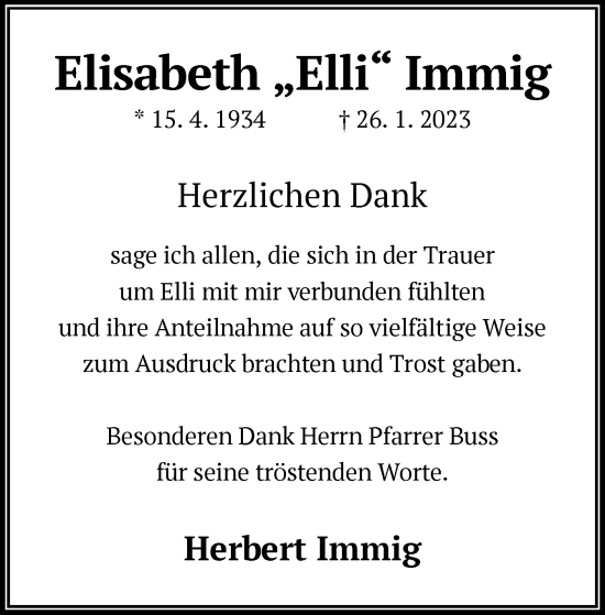 Traueranzeige von Elisabeth Immig von OF