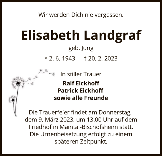 Traueranzeige von Elisabeth Landgraf von OF