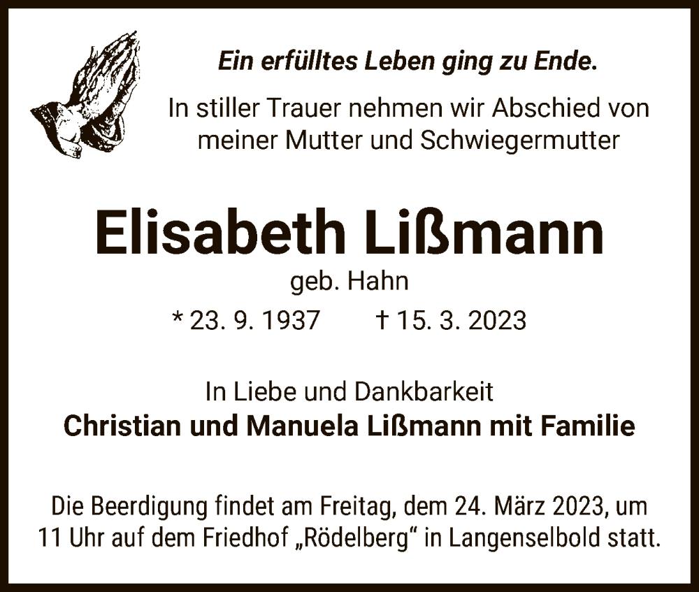 Traueranzeige für Elisabeth Lißmann vom 18.03.2023 aus OF