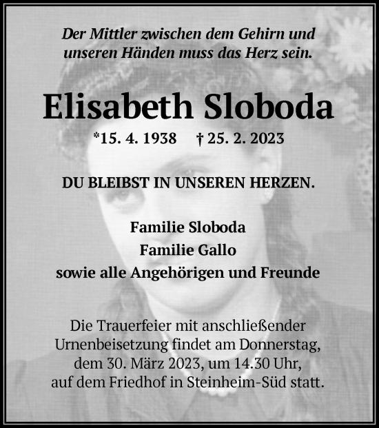 Traueranzeige von Elisabeth Sloboda von OF