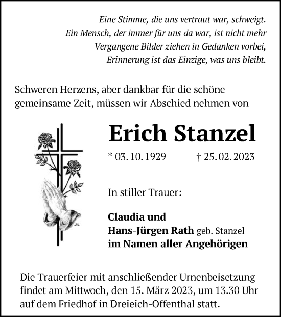 Traueranzeige von Erich Stanzel von OF