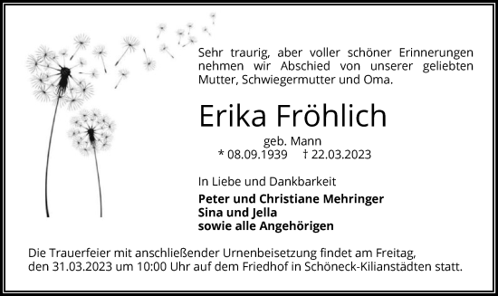 Traueranzeige von Erika Fröhlich von OF