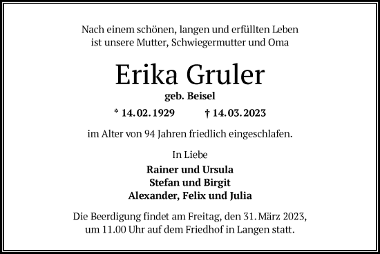 Traueranzeige von Erika Gruler von OF