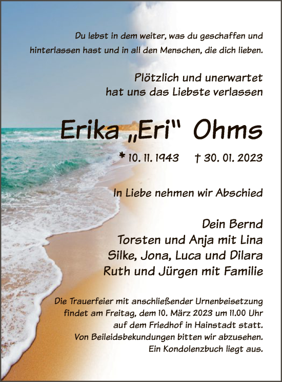 Traueranzeige von Erika Ohms von OF