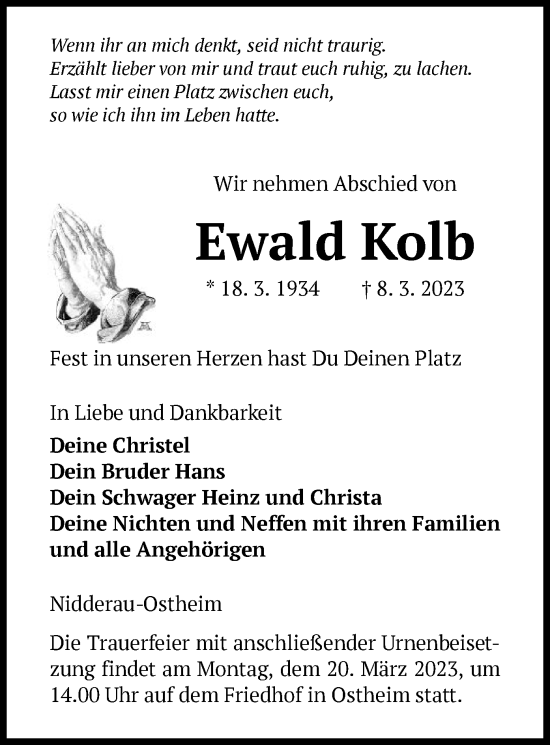 Traueranzeige von Ewald Kolb von OF