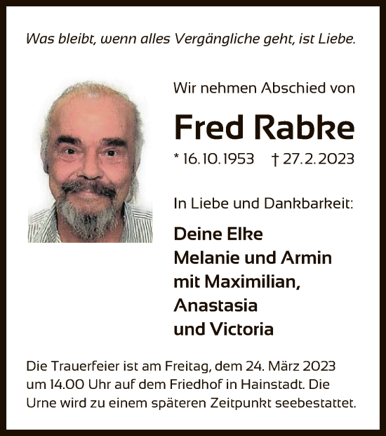 Traueranzeige von Fred Rabke von OF