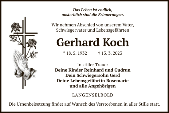 Traueranzeige von Gerhard Koch von OF