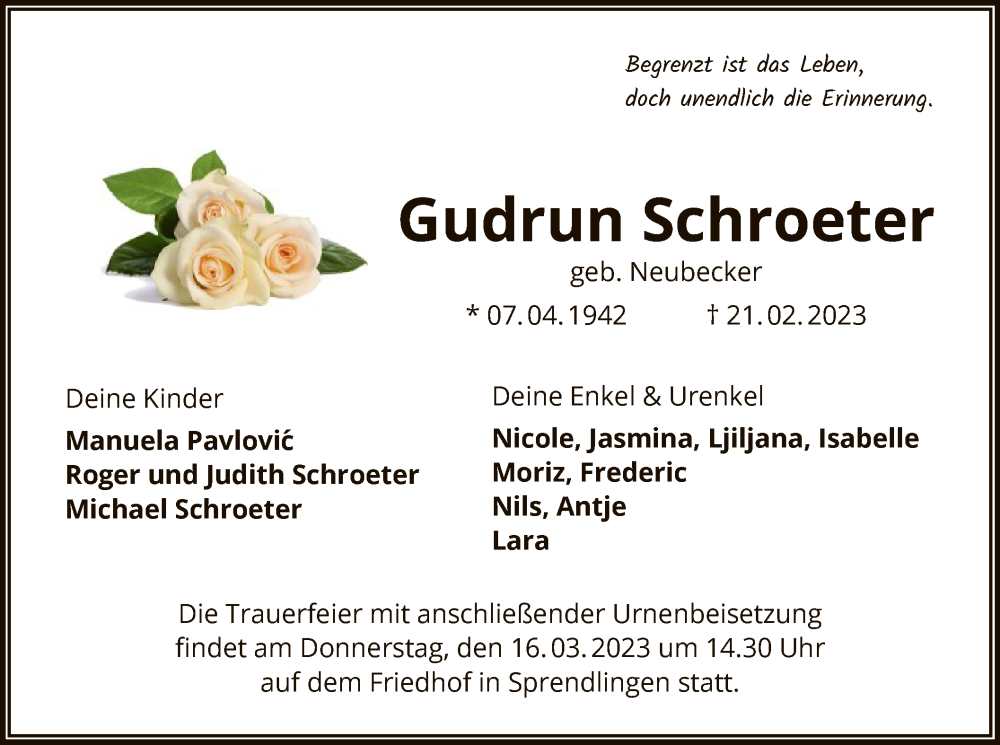  Traueranzeige für Gudrun Schroeter vom 11.03.2023 aus OF