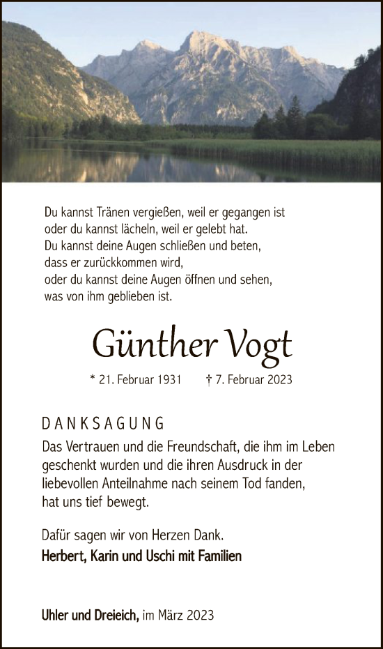 Traueranzeige von Günther Vogt von OF