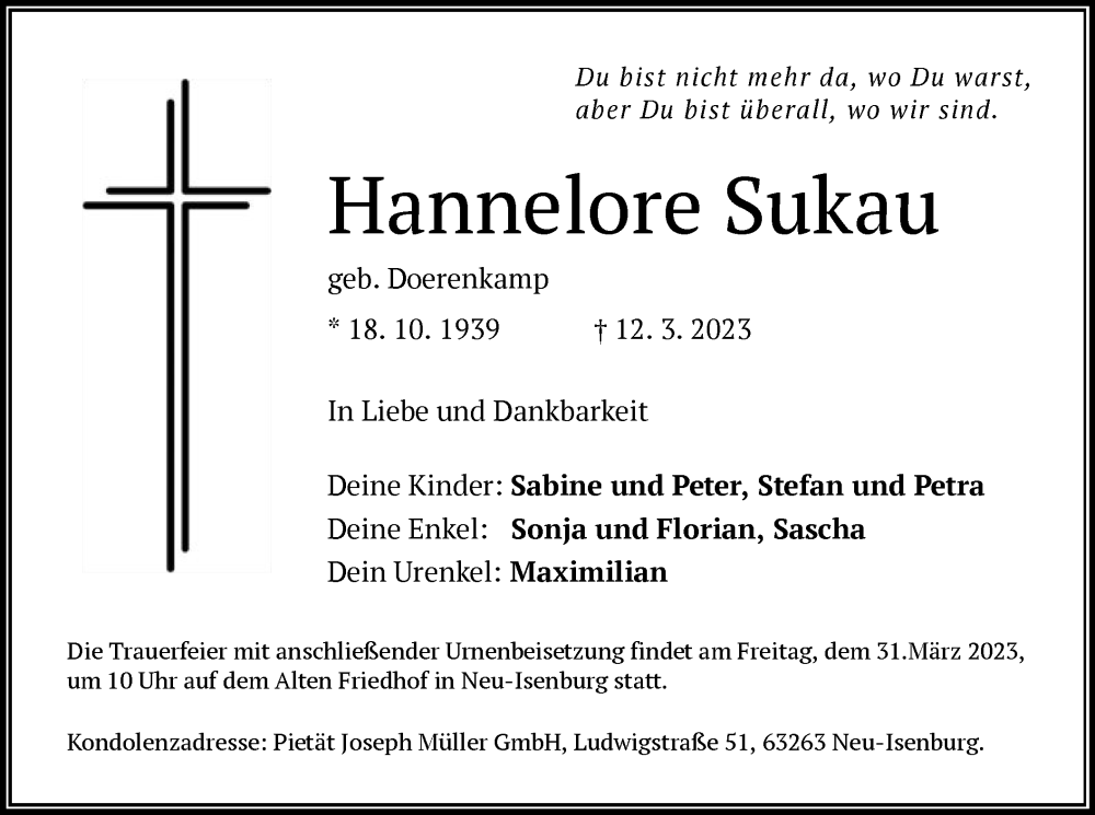  Traueranzeige für Hannelore Sukau vom 23.03.2023 aus OF