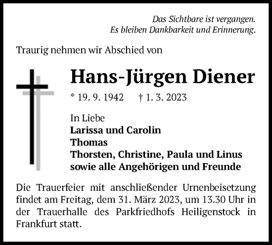 Traueranzeige von Hans-Jürgen Diener von OF