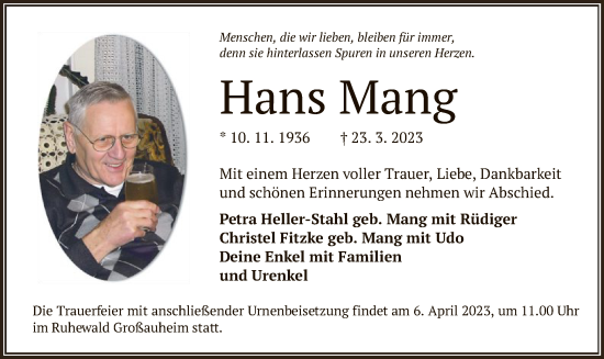 Traueranzeige von Hans Mang von OF