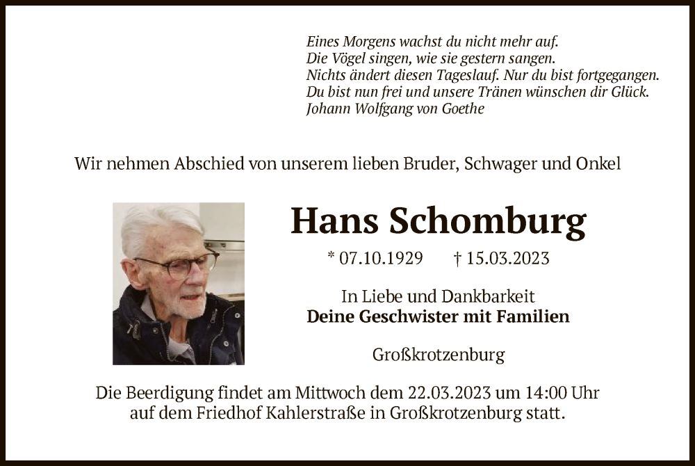  Traueranzeige für Hans Schomburg vom 18.03.2023 aus OF