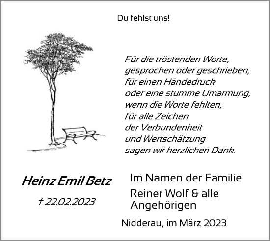 Traueranzeige von Heinz Emil Betz von OF