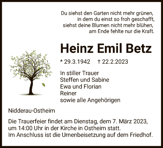 Traueranzeige von Heinz Emil Betz von OF