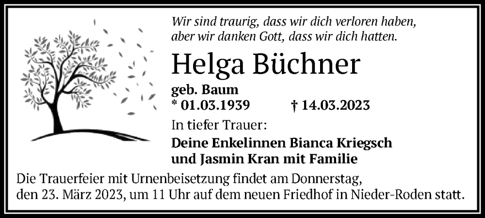  Traueranzeige für Helga Buchner vom 18.03.2023 aus OF