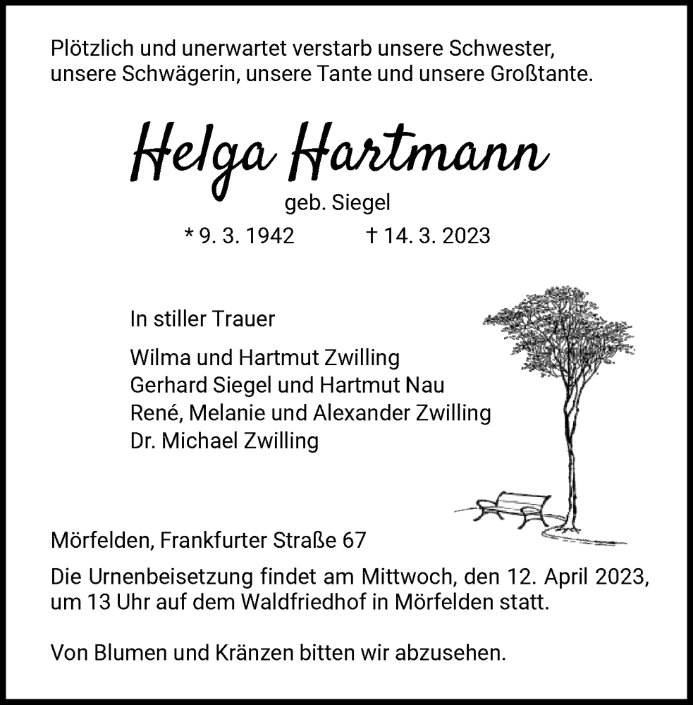  Traueranzeige für Helga Hartmann vom 23.03.2023 aus OF