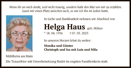 Traueranzeige von Helga Haus von OF