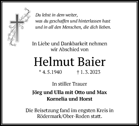 Traueranzeige von Helmut Baier von OF