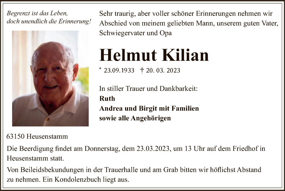  Traueranzeige für Helmut Kilian vom 29.03.2023 aus OF