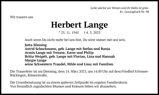 Traueranzeige von Herbert Lange von OF