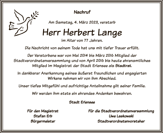 Traueranzeige von Herbert Lange von OF