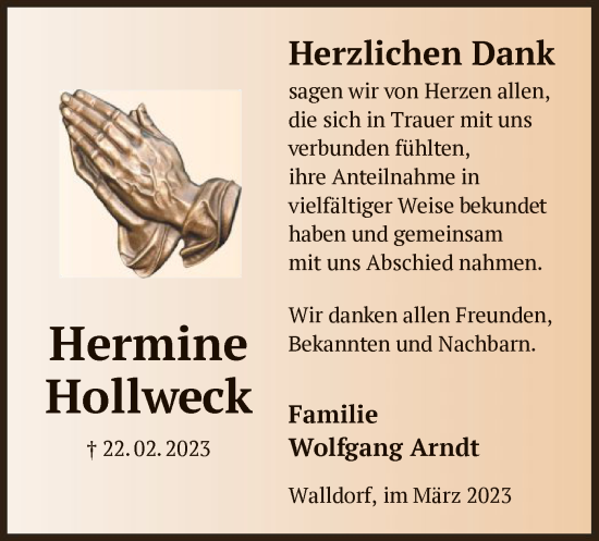 Traueranzeige von Hermine Hollweck von OF