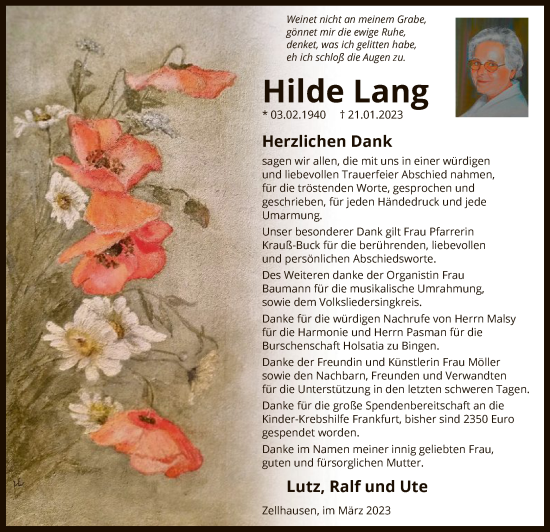 Traueranzeige von Hilde Lang von OF