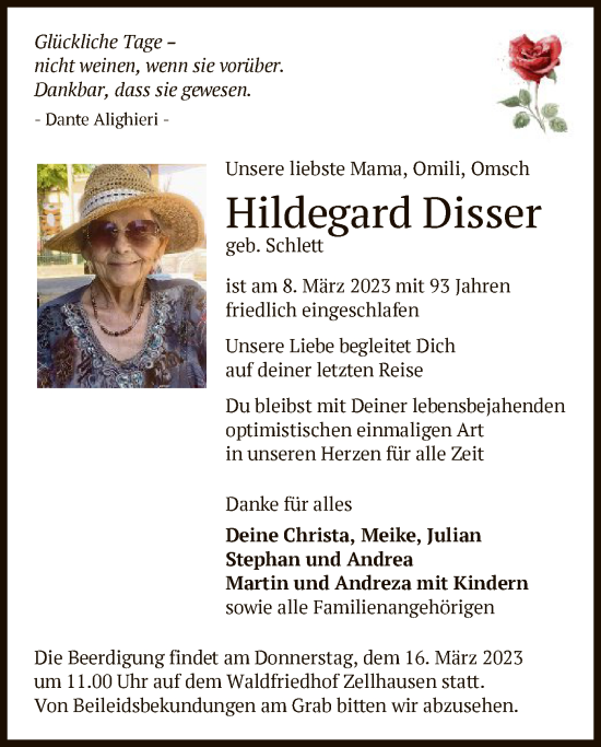 Traueranzeige von Hildegard Disser von OF