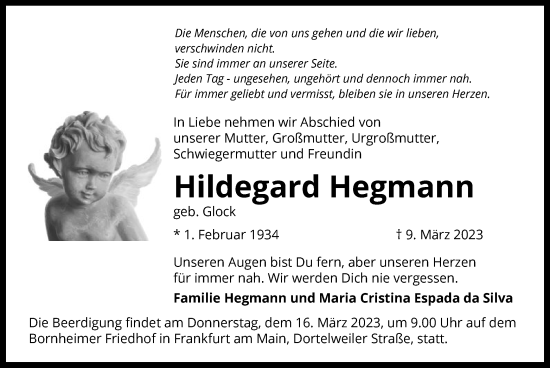 Traueranzeige von Hildegard Hegmann von OF