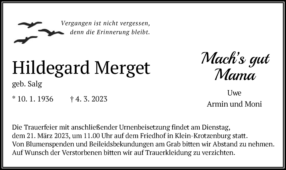  Traueranzeige für Hildegard Merget vom 18.03.2023 aus OF