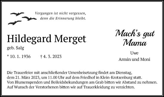 Traueranzeige von Hildegard Merget von OF