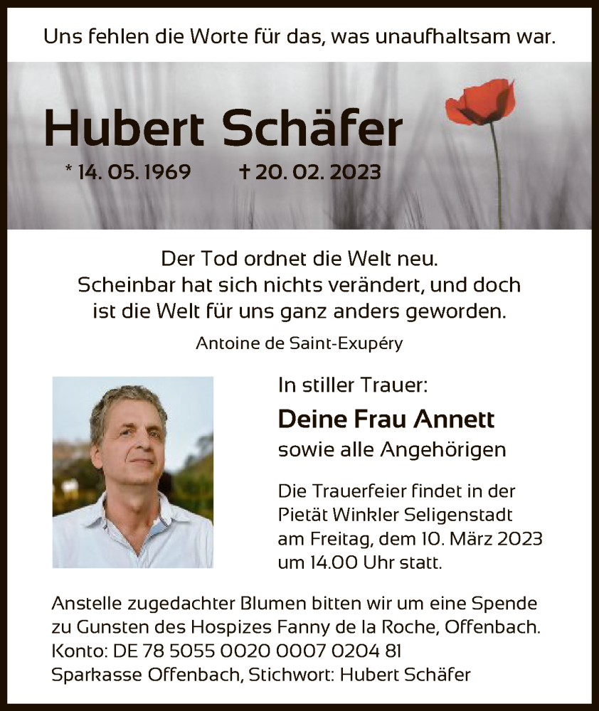  Traueranzeige für Hubert Schäfer vom 01.03.2023 aus OF