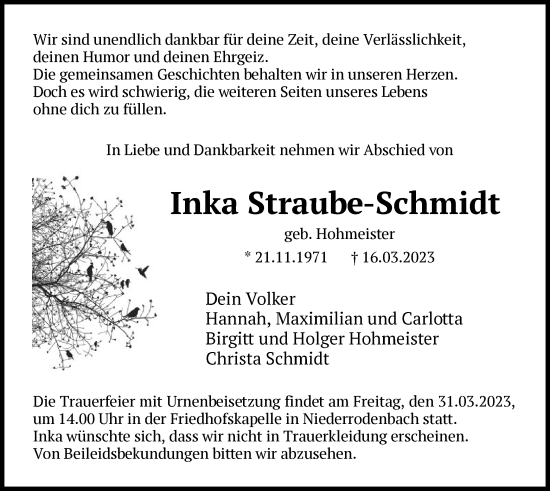 Traueranzeige von Inka Straube-Schmidt von OF