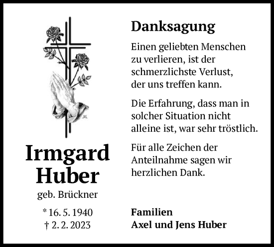 Traueranzeige von Irmgard Huber von OF