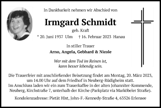 Traueranzeige von Irmgard Schmidt von OF