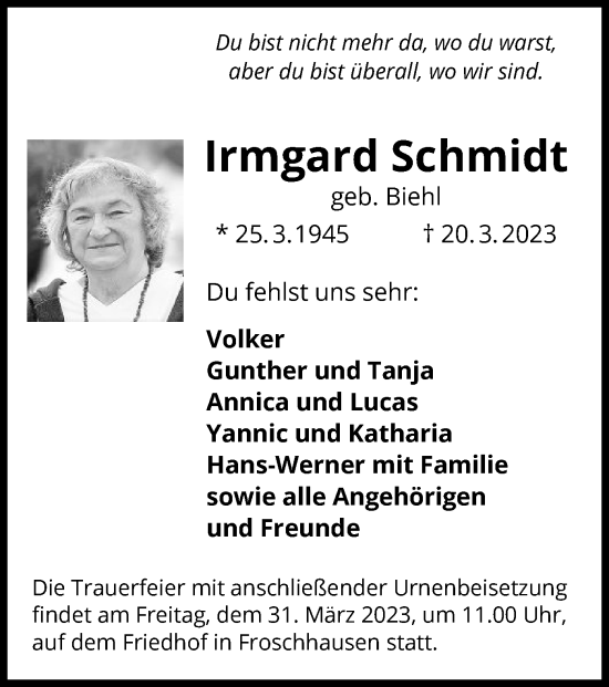 Traueranzeige von Irmgard Schmidt von OF