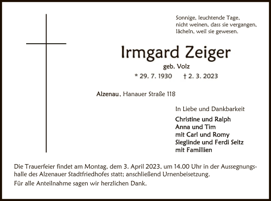 Traueranzeige von Irmgard Zeiger von OF