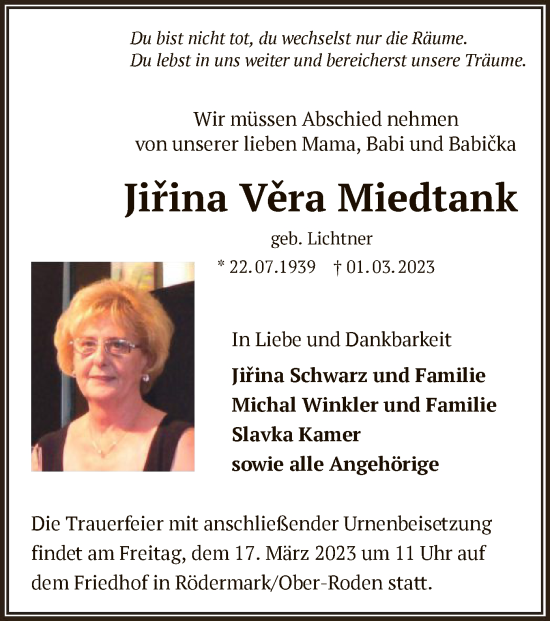 Traueranzeige von Jirina Vera Miedtank von OF