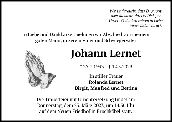 Traueranzeige von Johann Lernet von OF