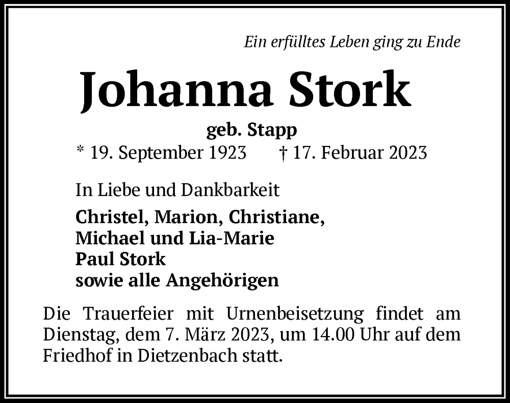  Traueranzeige für Johanna Stork vom 01.03.2023 aus OF