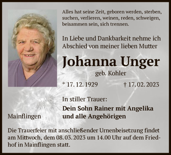 Traueranzeige von Johanna Unger von OF